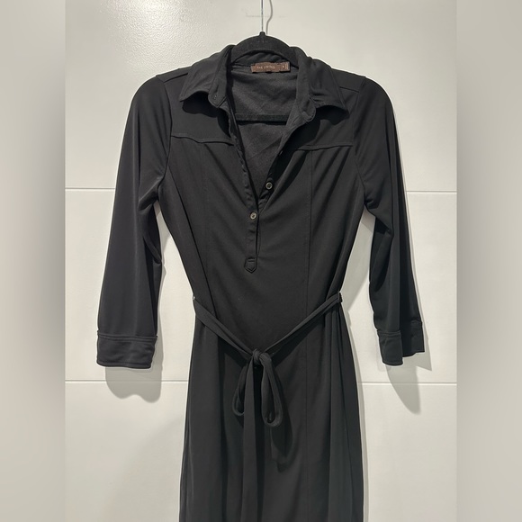 Classic Black Work Dress with Long Sleeves, Button down, Collar, and Tie Waist - Picture 3 of 7